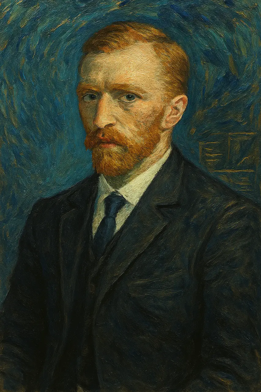 Portrait d’un homme en costume réalisé dans le style de Van Gogh, image générée par IA pour illustrer l’univers artistique de MKC