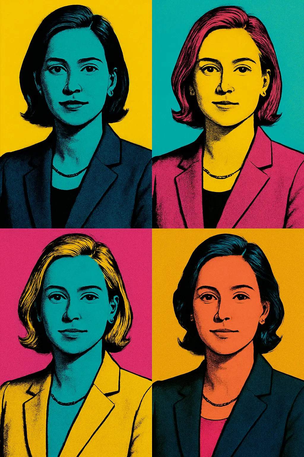 Illustration pop art de quatre visages féminins en couleurs contrastées