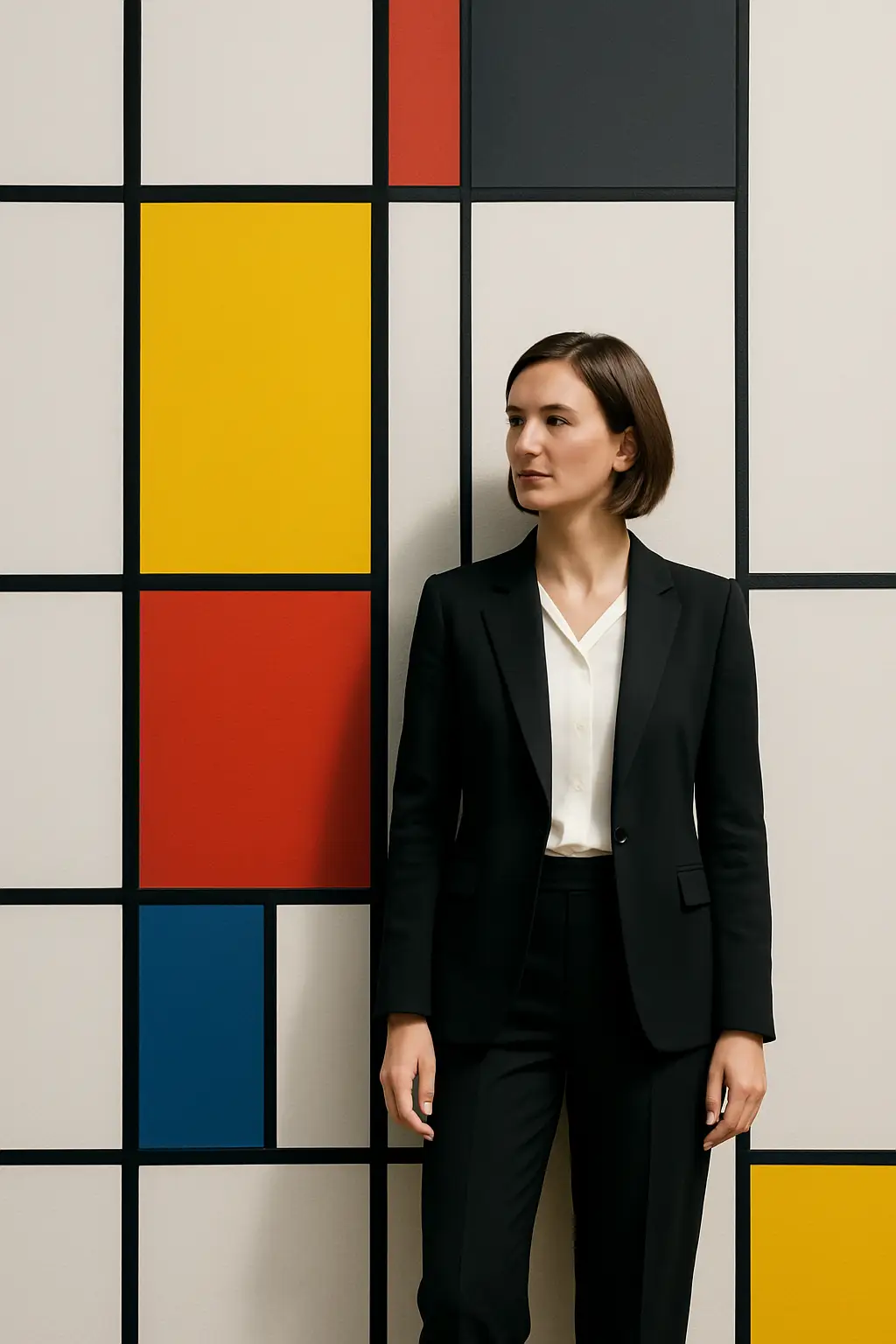 Portrait d’une femme professionnelle debout devant un mur inspiré de Mondrian