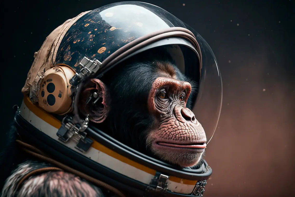 Portrait d’un chimpanzé en scaphandre spatial, métaphore humoristique de l’exploration et de l’audace